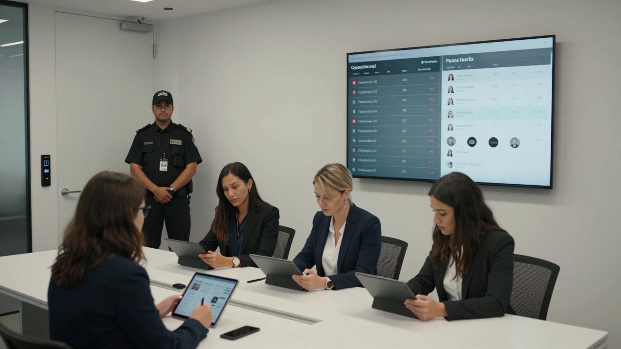 Three professionals reviewing client profiles in a modern agency office with security features.