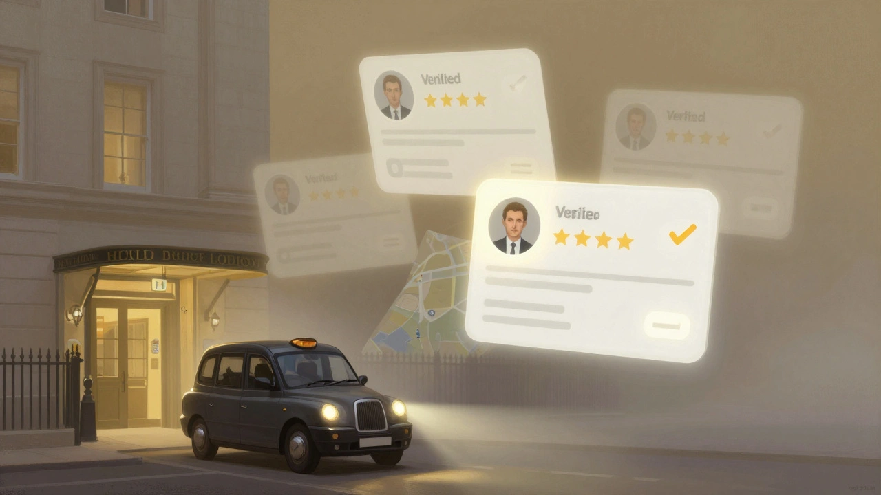 Three verified escort profiles floating above a London map, one glowing with trust indicators, symbolizing safe and verified services.