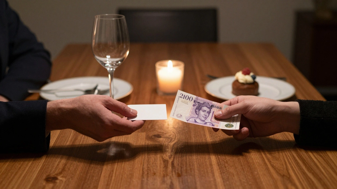 Two hands exchanging a business card and cash over a dining table, candlelight casting soft shadows, no faces shown.