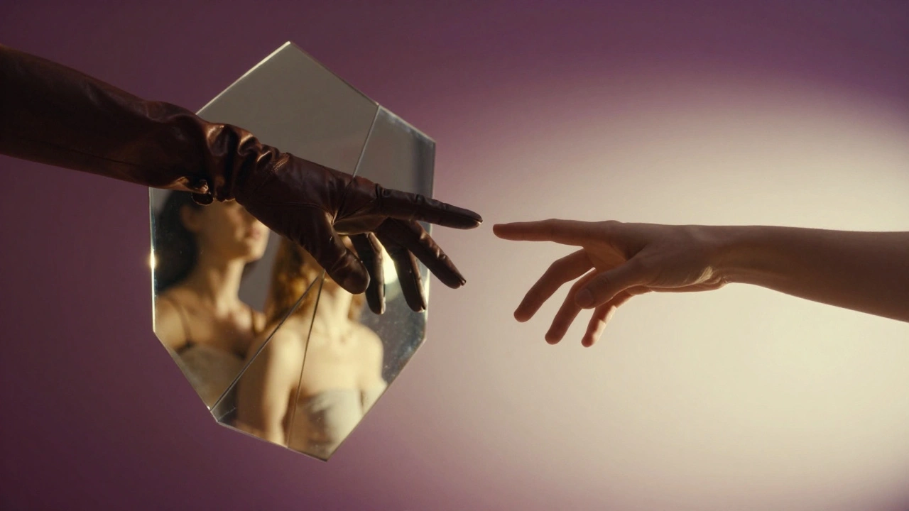Two hands reaching toward each other above a fragmented mirror, symbolizing acceptance and connection.