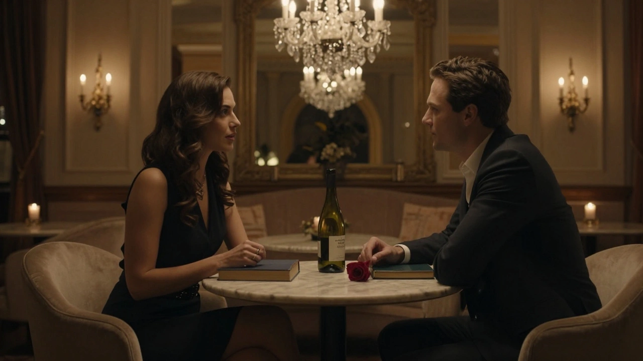 Two people in an upscale lounge sharing quiet conversation over wine and books, emphasizing emotional connection.