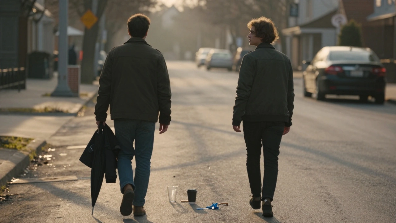 Two people parting ways at dawn after a casual encounter, city street in the background.