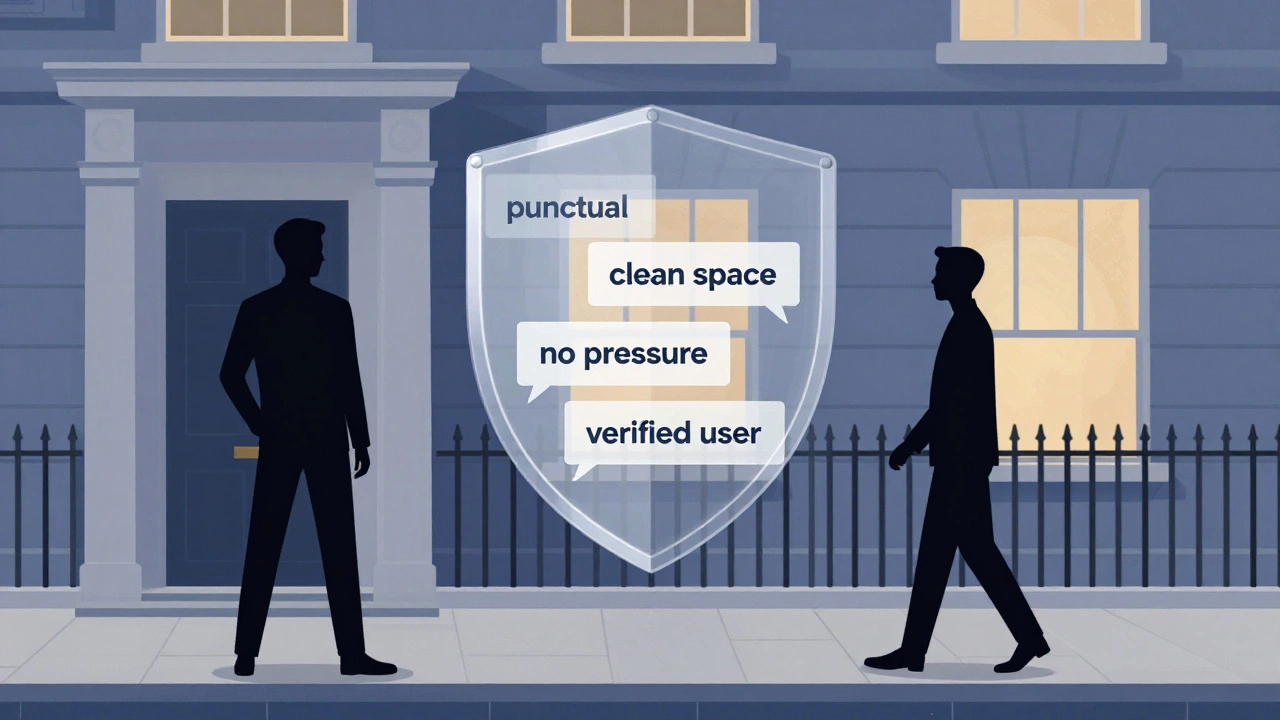 Two silhouetted figures near a townhouse, connected by a shield made of review fragments symbolizing trust and safety.