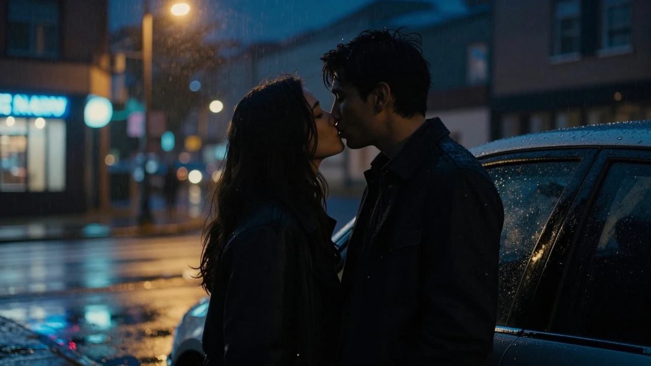 Two silhouettes in a parked car under a streetlamp, one looking away during a kiss.