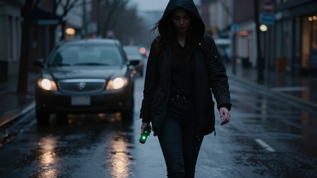 Woman walking at night with a safety tracker glowing softly, rain-slicked street behind her.