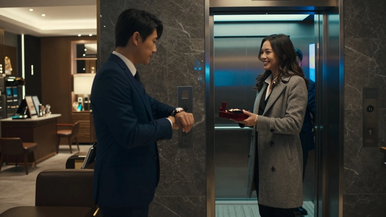 A client and escort exchange a thoughtful gesture in a luxury hotel lobby, conveying mutual respect.