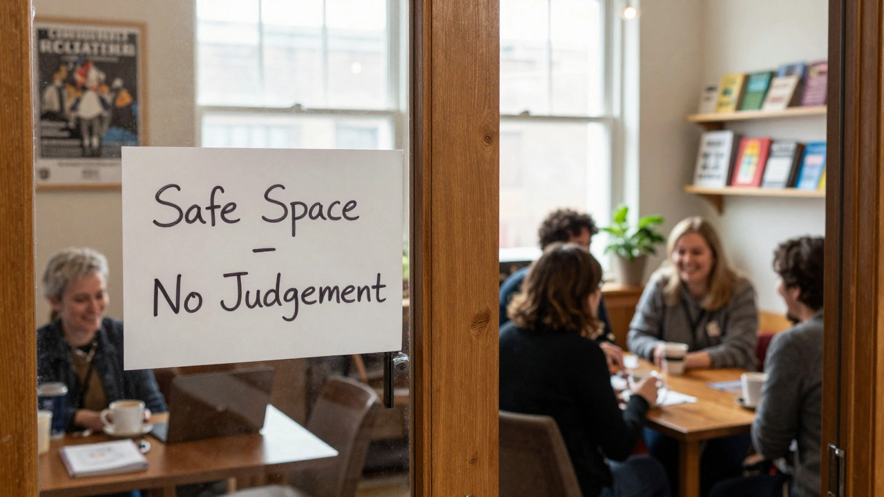 A community center gathering offering non-judgmental support with coffee and shared resources.