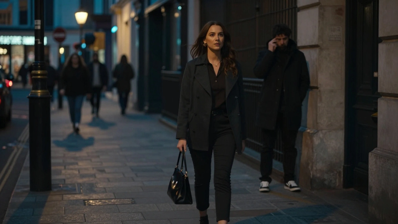 A confident woman walking safely through a well-lit London street at night, aware of her surroundings.