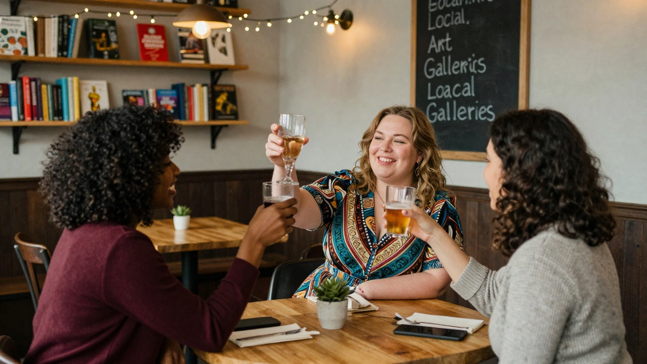 A curvy woman toasting with two clients in a cozy Camden pub, surrounded by books and fairy lights.