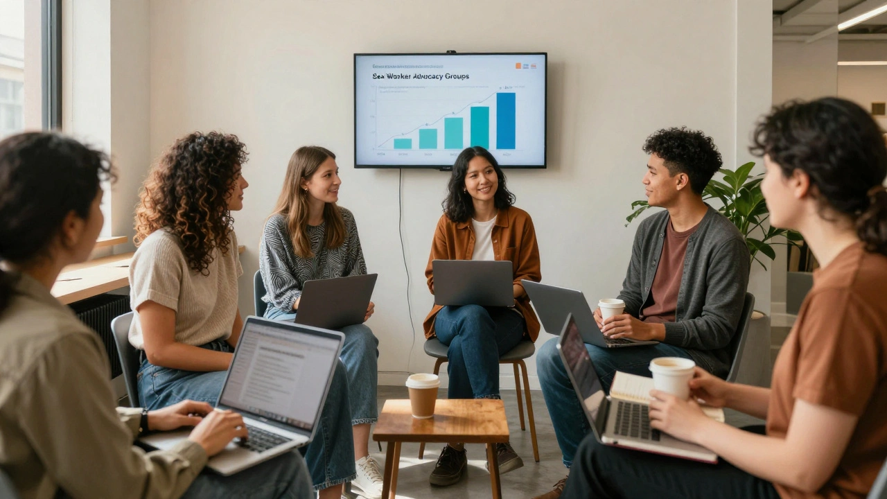 A diverse group of people meet in a sunlit co-working space, supporting sex worker advocacy.