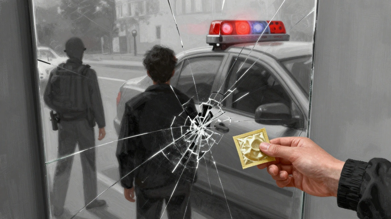 A fractured mirror shows police, a client, and a helper — symbols of danger, survival, and support.