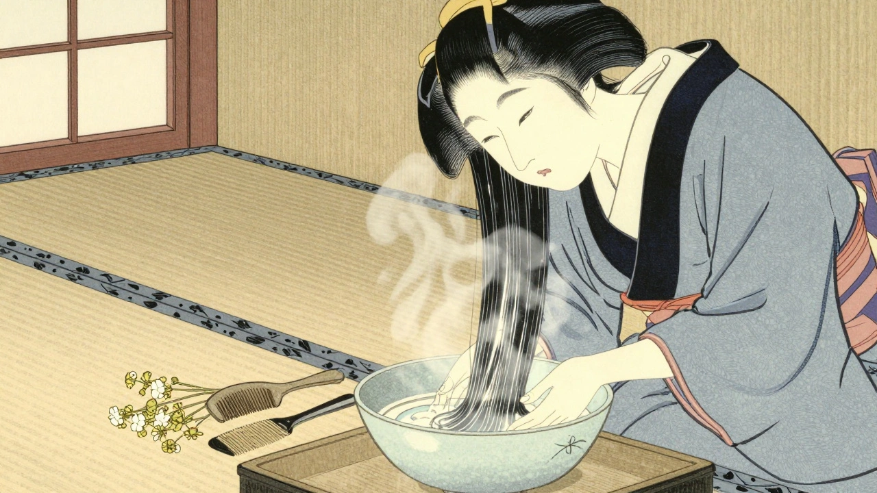 A geisha rinsing her hair with fermented rice water in a traditional Japanese room, sunlight reflecting off shiny strands.