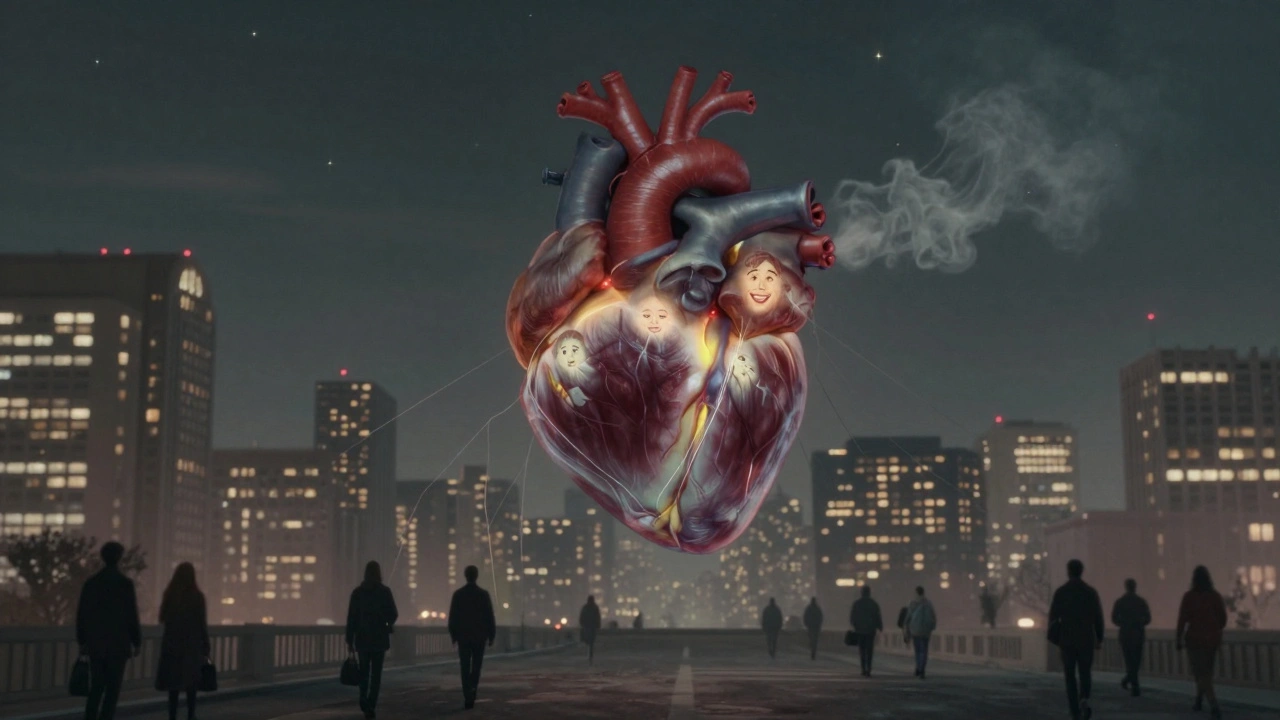 A glowing heart above a city, tied to walking strangers, emotions fading into smoke under a fading sky.