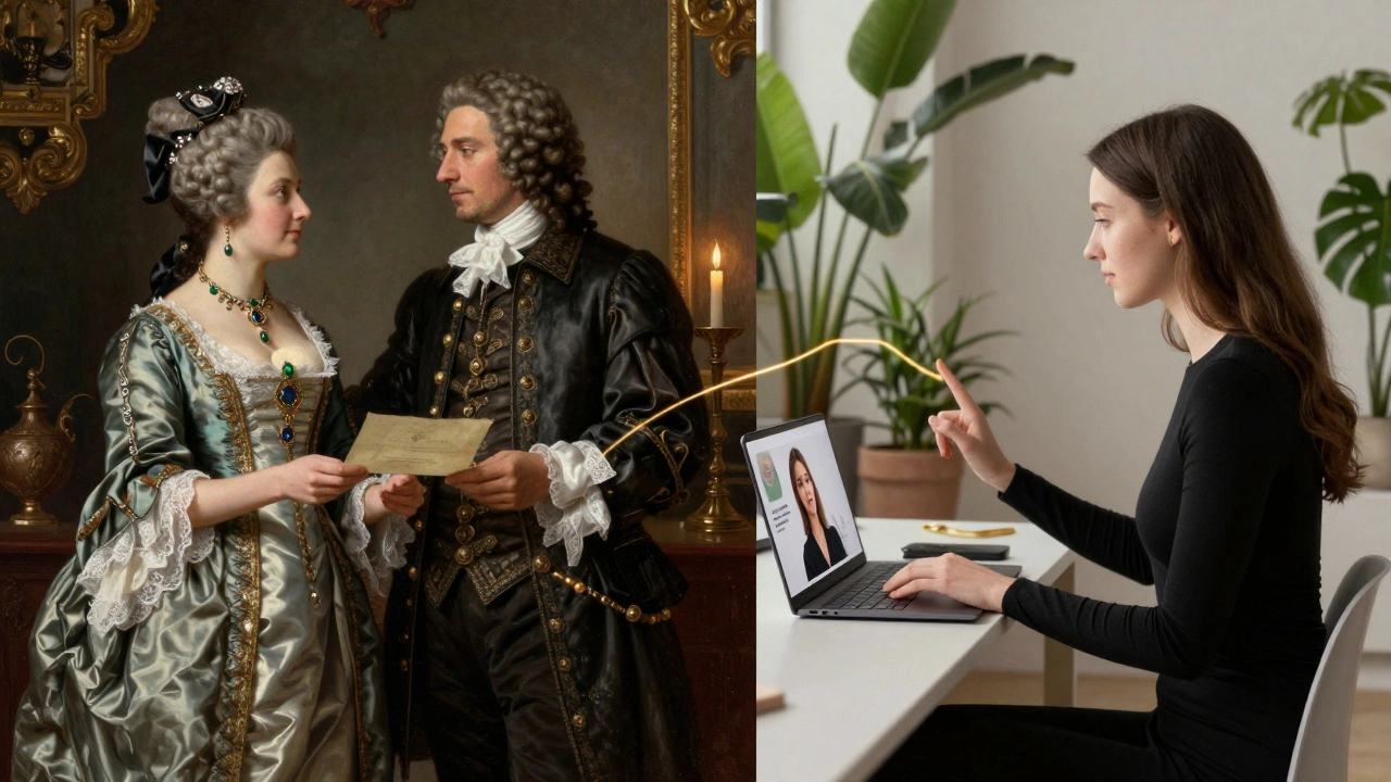 A historical Venetian courtesan and a modern digital companion are shown in mirrored scenes, both engaged in intimate, private work.