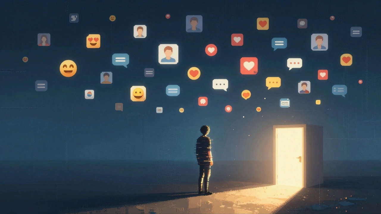 A lonely figure in a digital wasteland surrounded by fading social media icons, a single path leads to a door labeled 'Companion Services'.