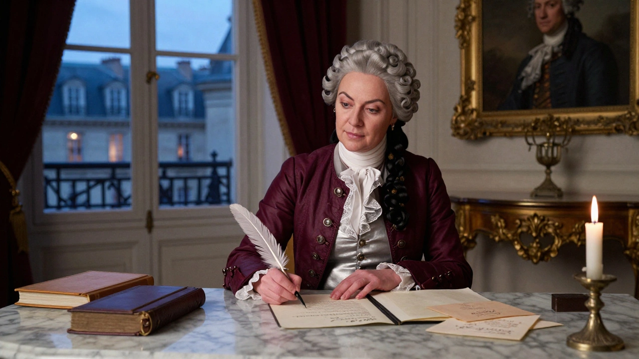 A Parisian courtesan signing a property deed in her study, surrounded by documents and portraits.