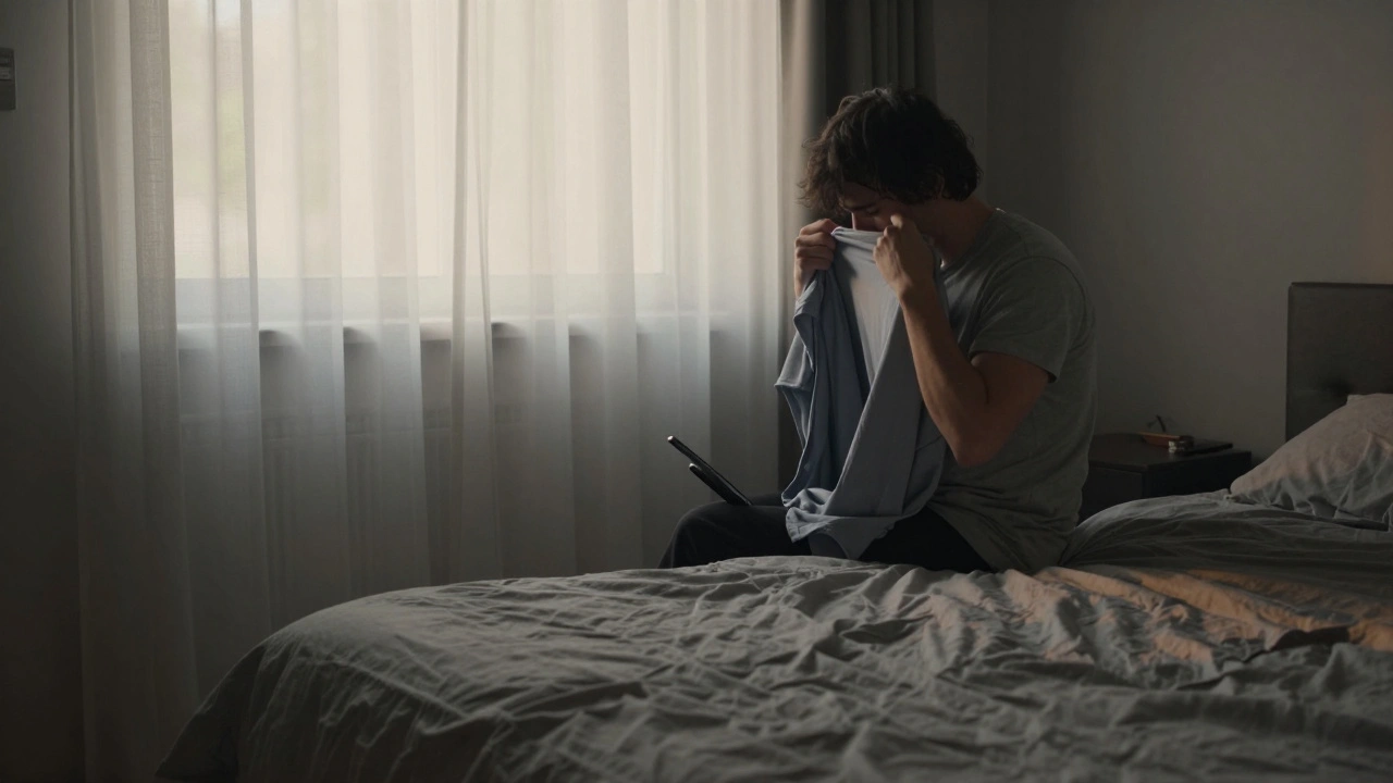 A person sitting alone on a bed at dawn, pulling on a shirt, phone face down beside them.