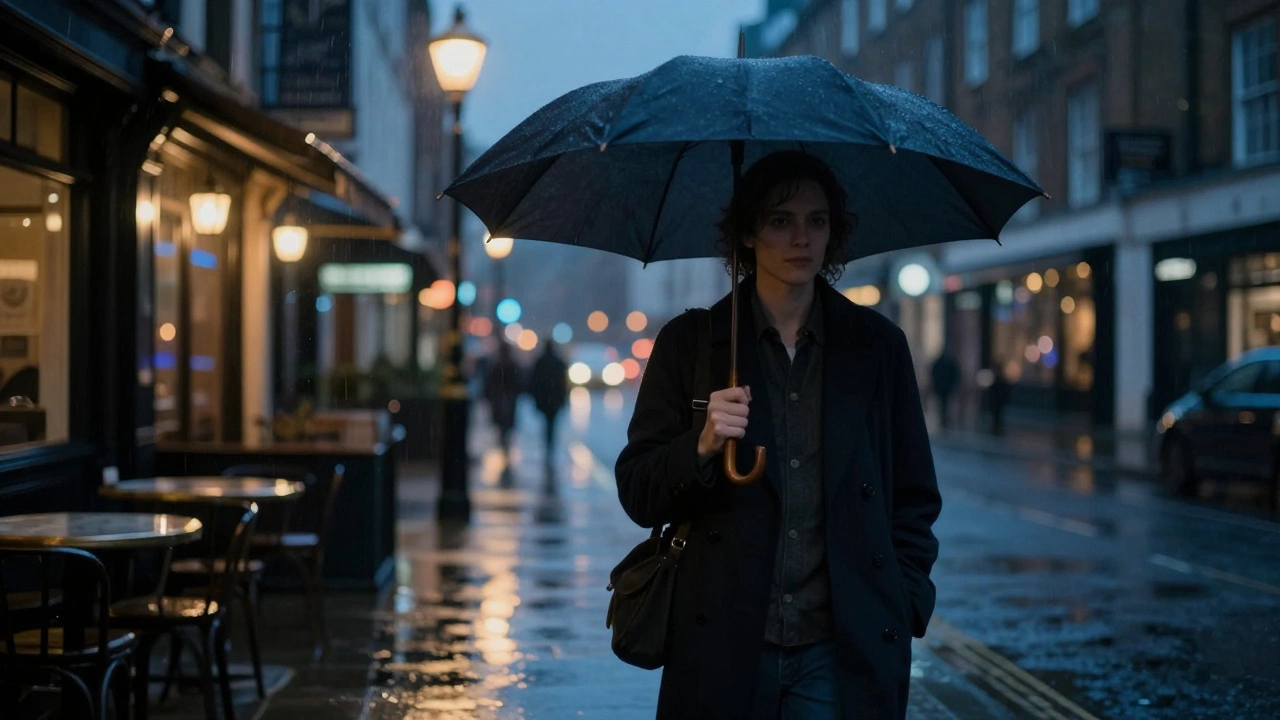 A person walking alone in a rainy London night, approaching a discreet meeting location.