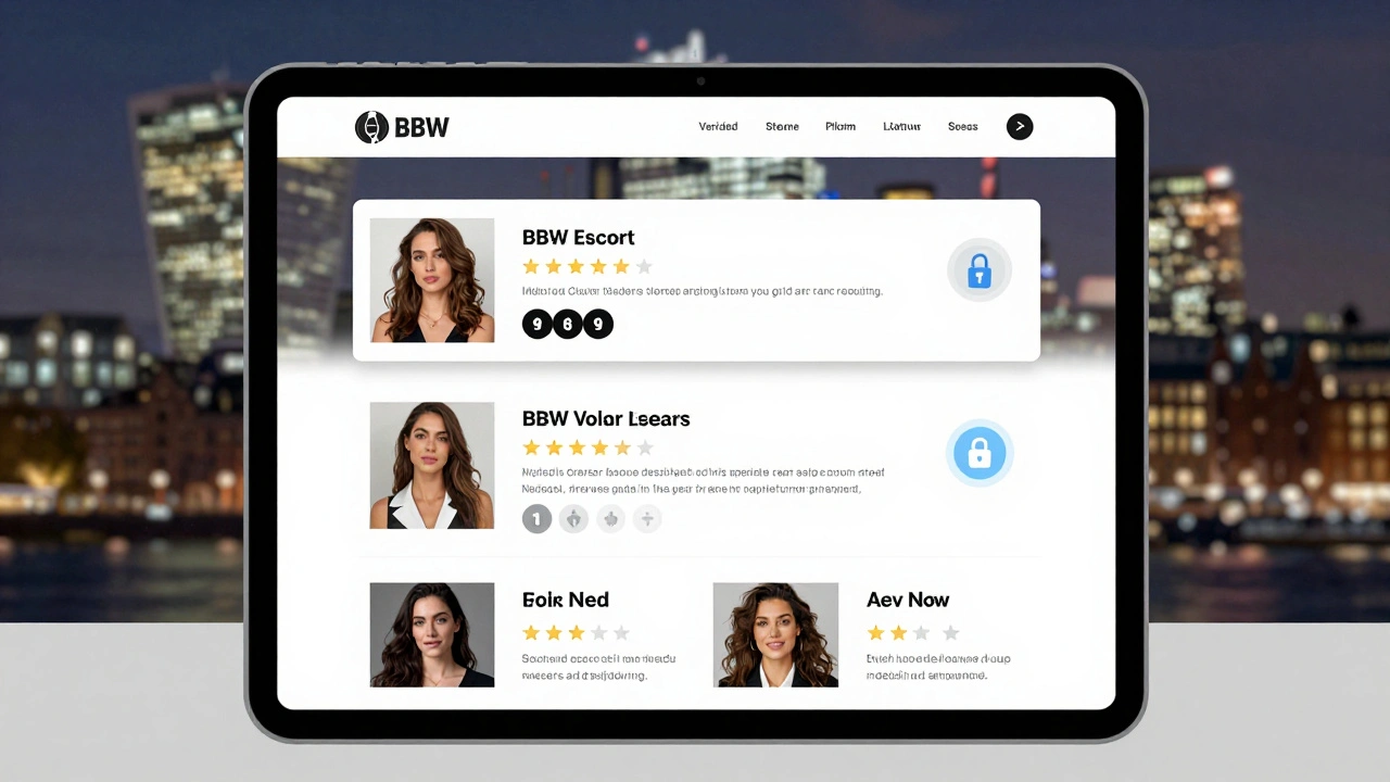 A secure online profile for a BBW escort with verified reviews displayed on a tablet in London.