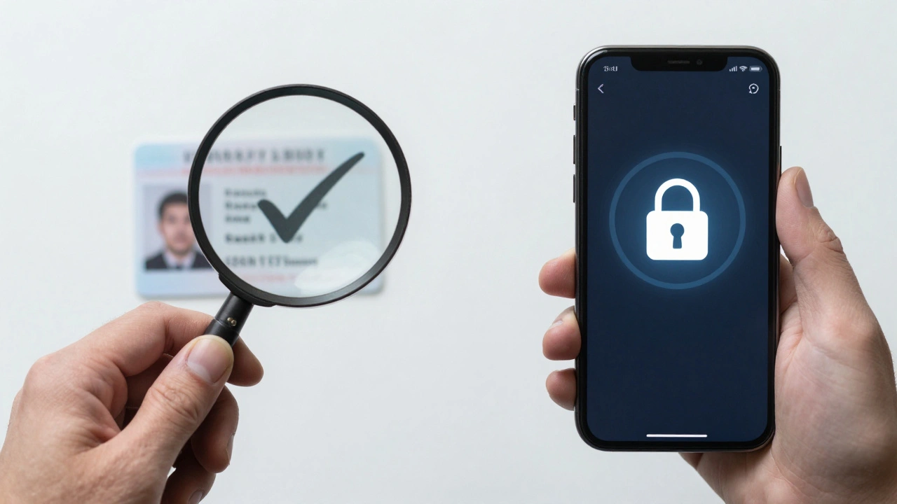 A split image showing a government ID being verified and a secure messaging interface with a lock icon.