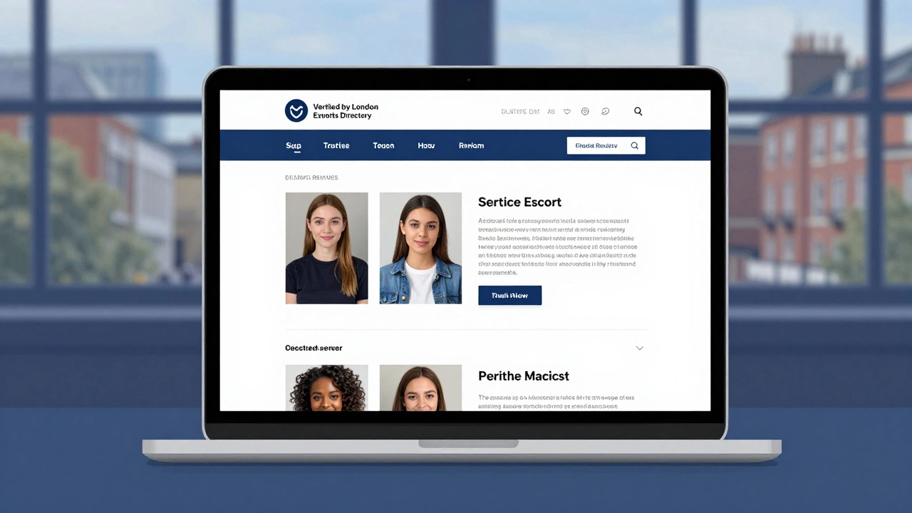 A verified escort profile on a laptop screen with clear service details and client reviews.