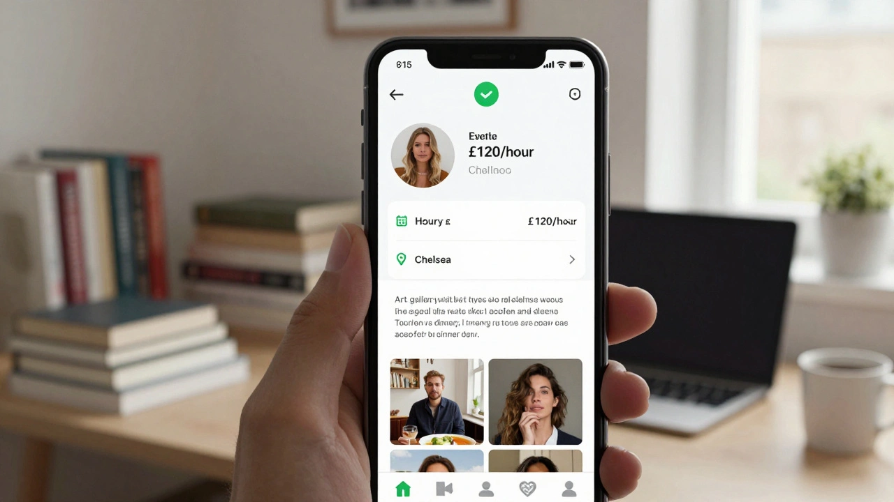 A verified escort profile on a smartphone screen showing clear rates, location, and authentic photos in a London apartment setting.