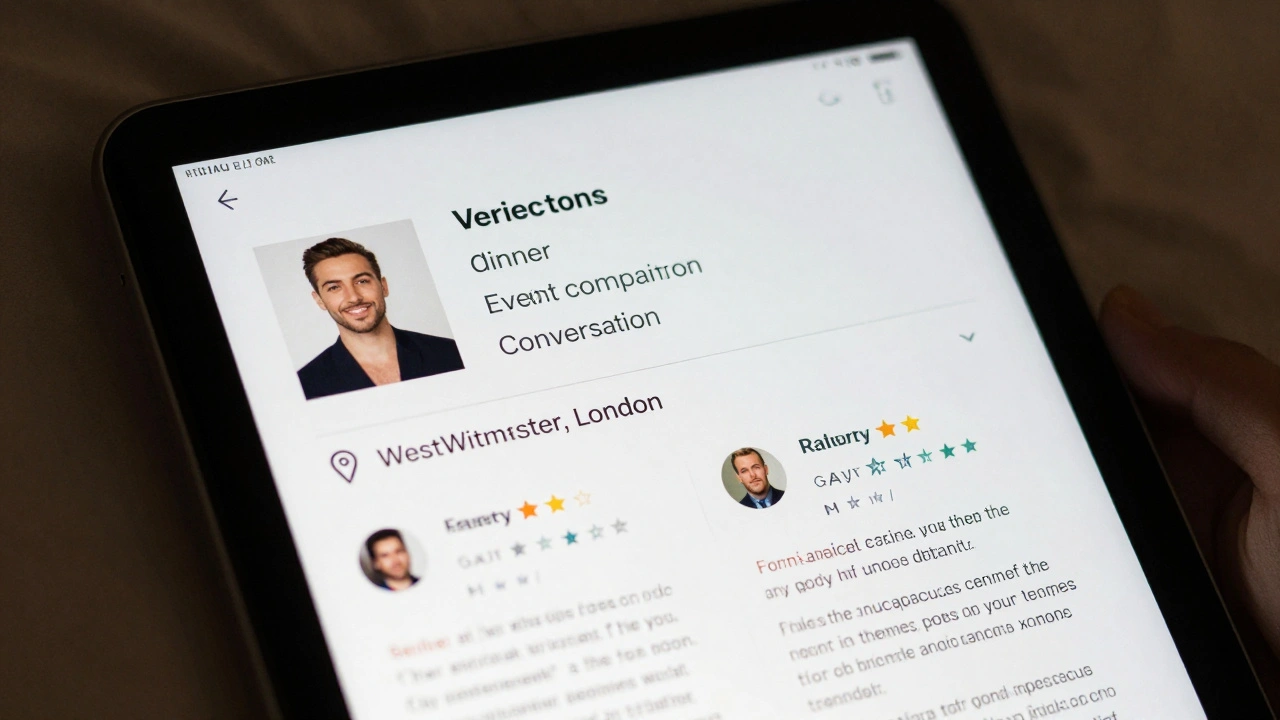 A verified escort profile on a tablet showing clear service details, London location, and authentic reviews.