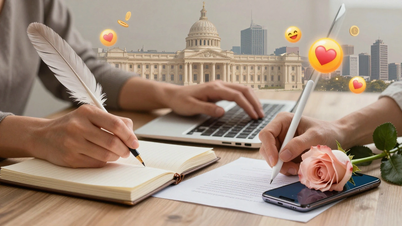 A woman's hands perform symbolic actions across time: writing, typing, signing, and placing a rose on a burner phone.