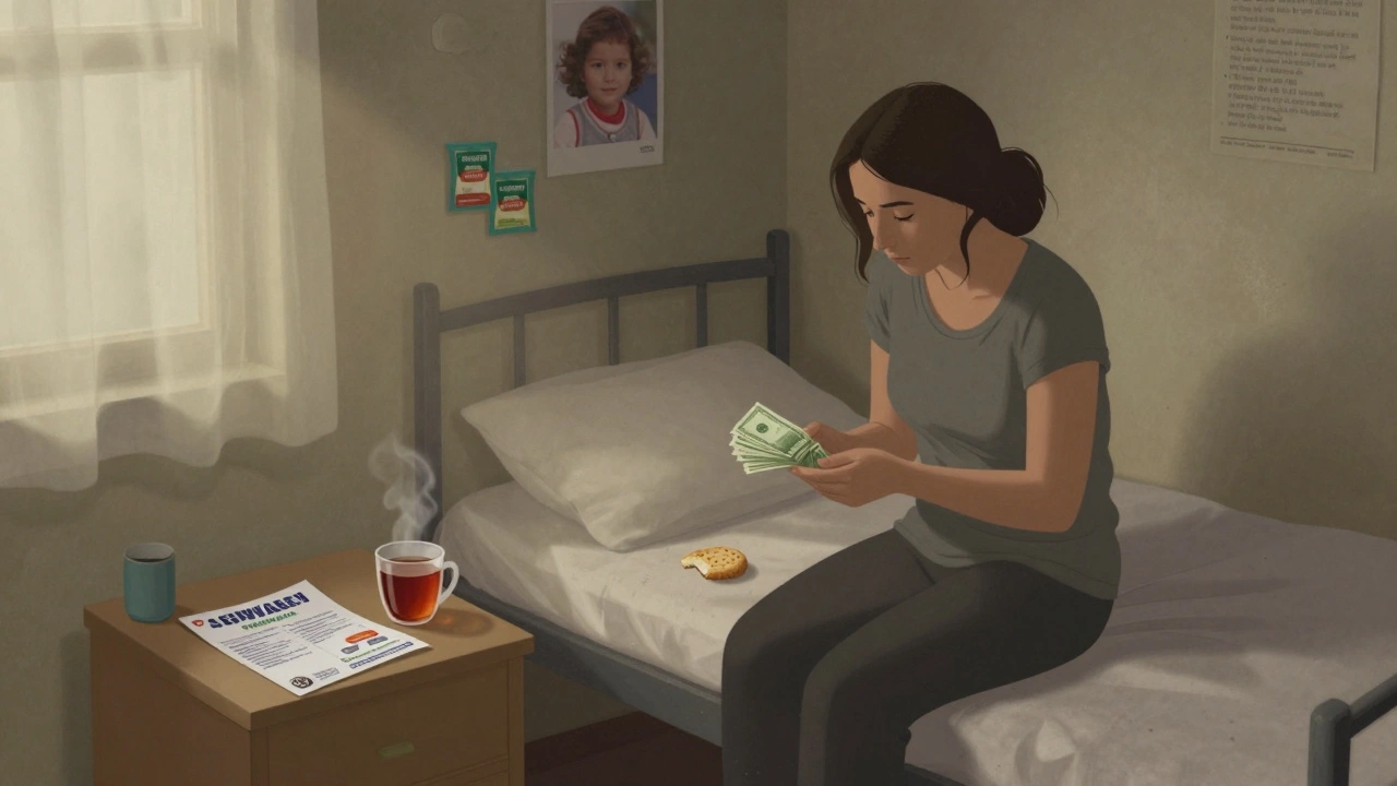 A woman counts cash in a modest hostel room at dawn, tea and a biscuit beside her.