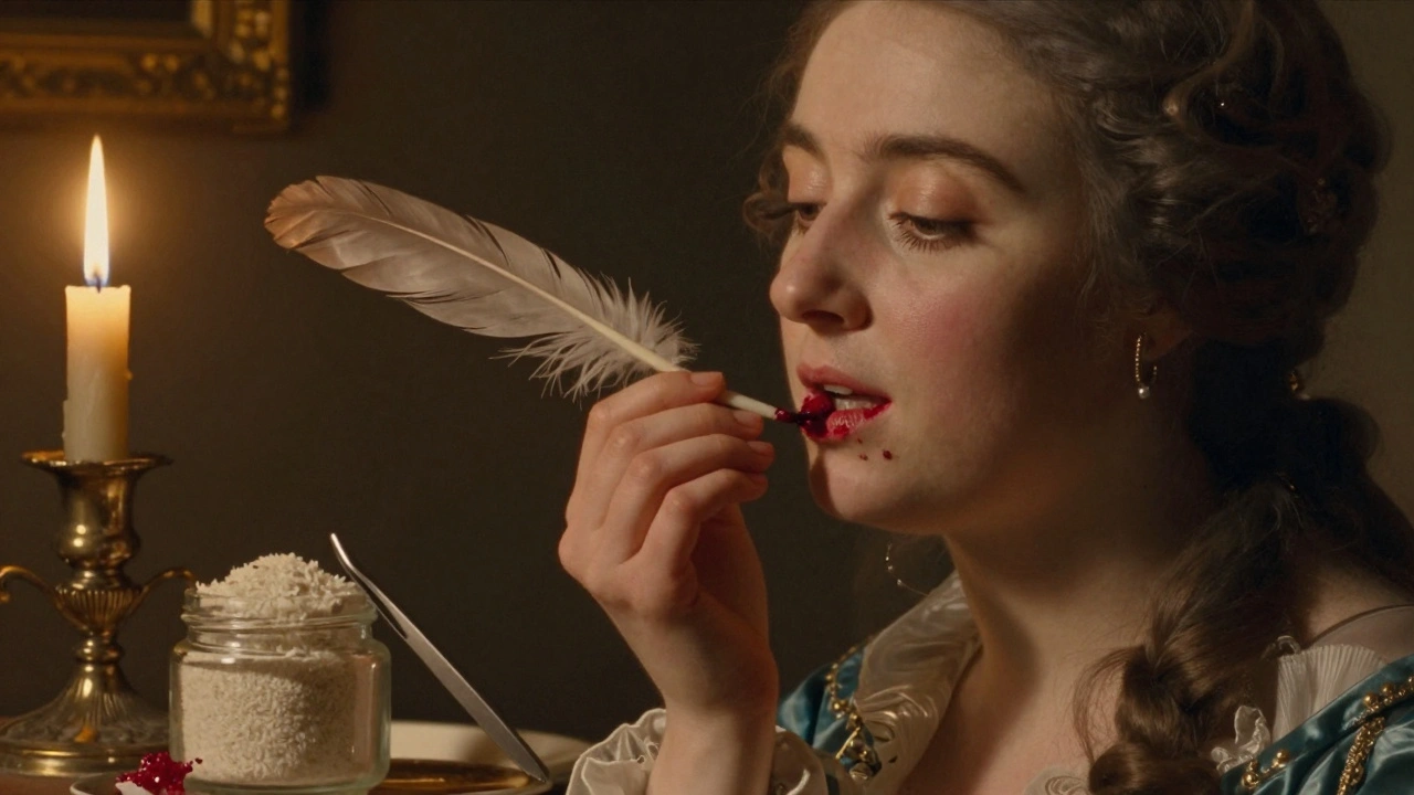 A woman staining her lips with beetroot in a candlelit French salon, surrounded by natural cosmetics and silver tools.