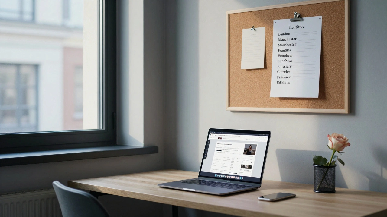 An empty desk at dawn with a laptop open to a directory, a rose, and a corkboard listing UK cities.