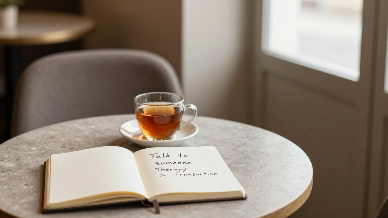 Empty café table with tea and notebook reading 'Talk to someone' in soft morning light.