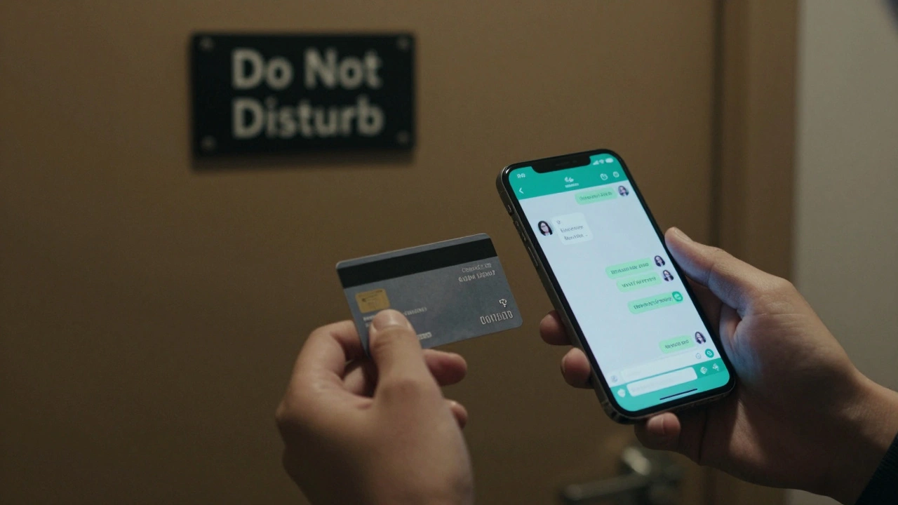 Hand holding a gift card with WhatsApp chat of an escort profile and hotel door in background.