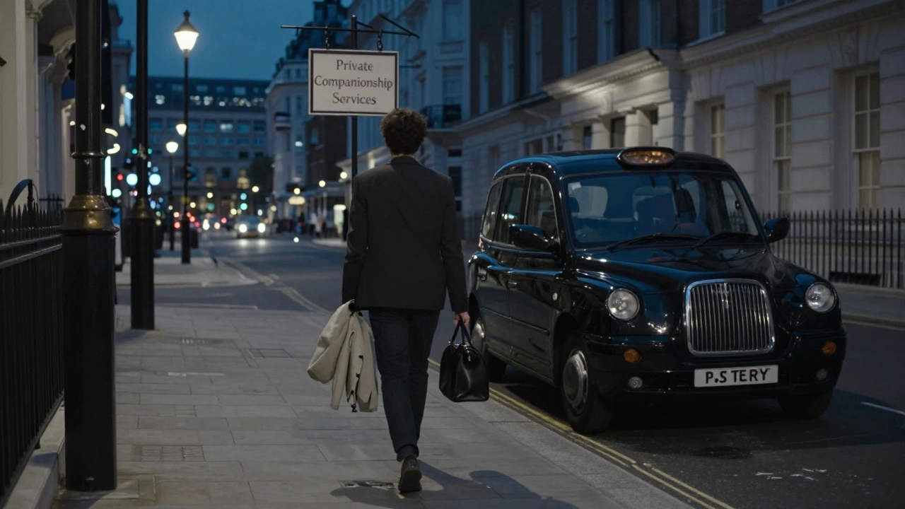 Individual walking toward a taxi in a safe, well-lit London street at night, conveying discretion and calm.