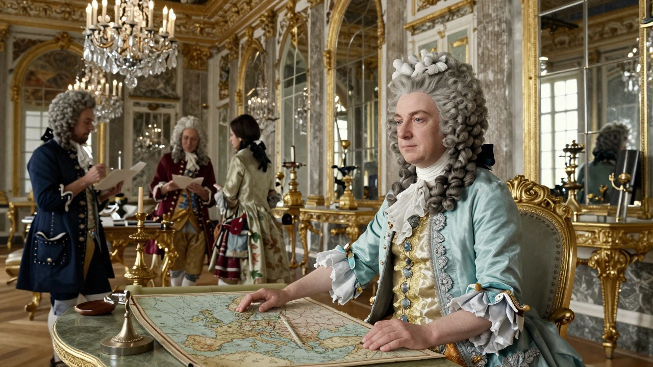 Madame de Pompadour advising Louis XV with a map of Europe in Versailles.