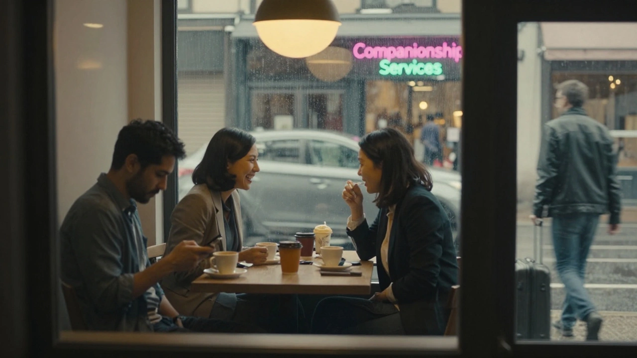 People in a rainy city café: one laughs with a companion, others sit alone, urban isolation captured through window reflections.