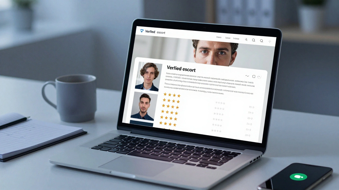 Person reviewing a verified escort profile on a laptop, with video call active and client reviews visible.