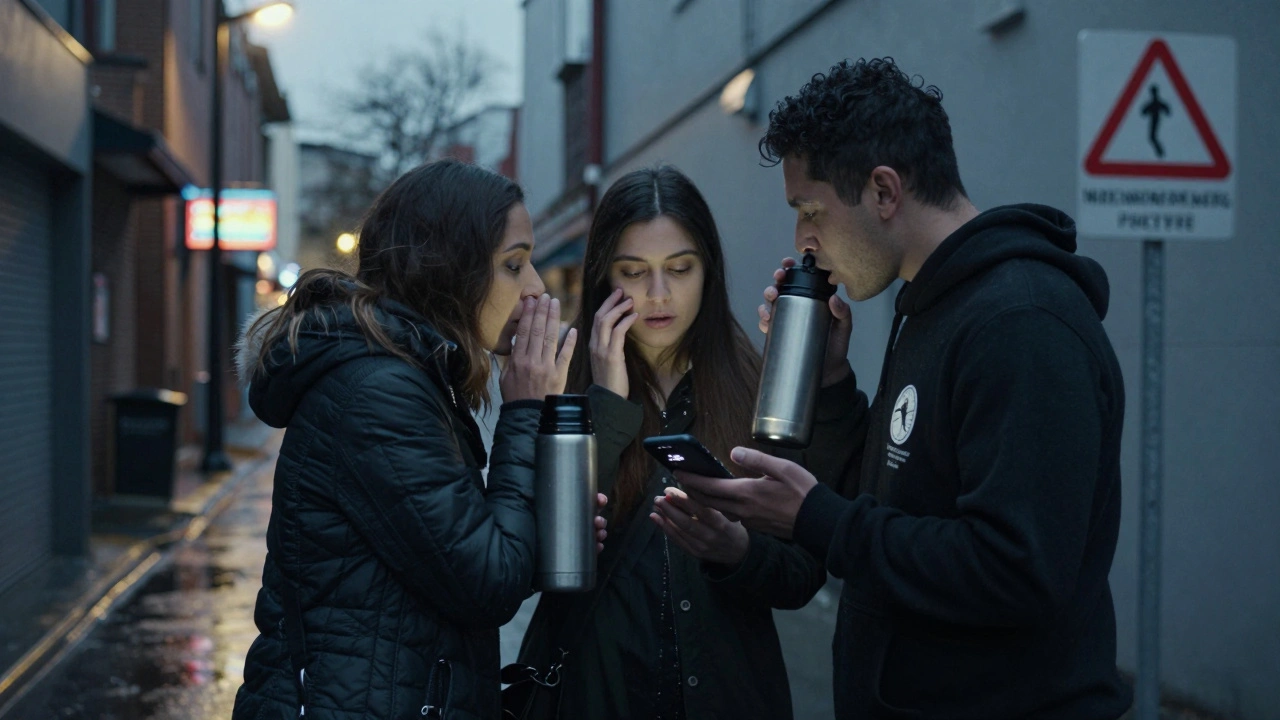 Sex workers sharing safety tips under a streetlamp at dusk, connected through peer support.