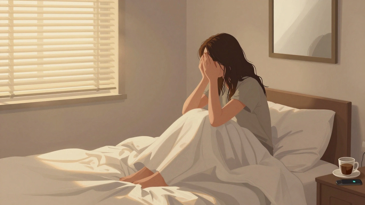 Someone alone on a bed at sunrise, coffee beside an unread phone message, soft light filtering through blinds.