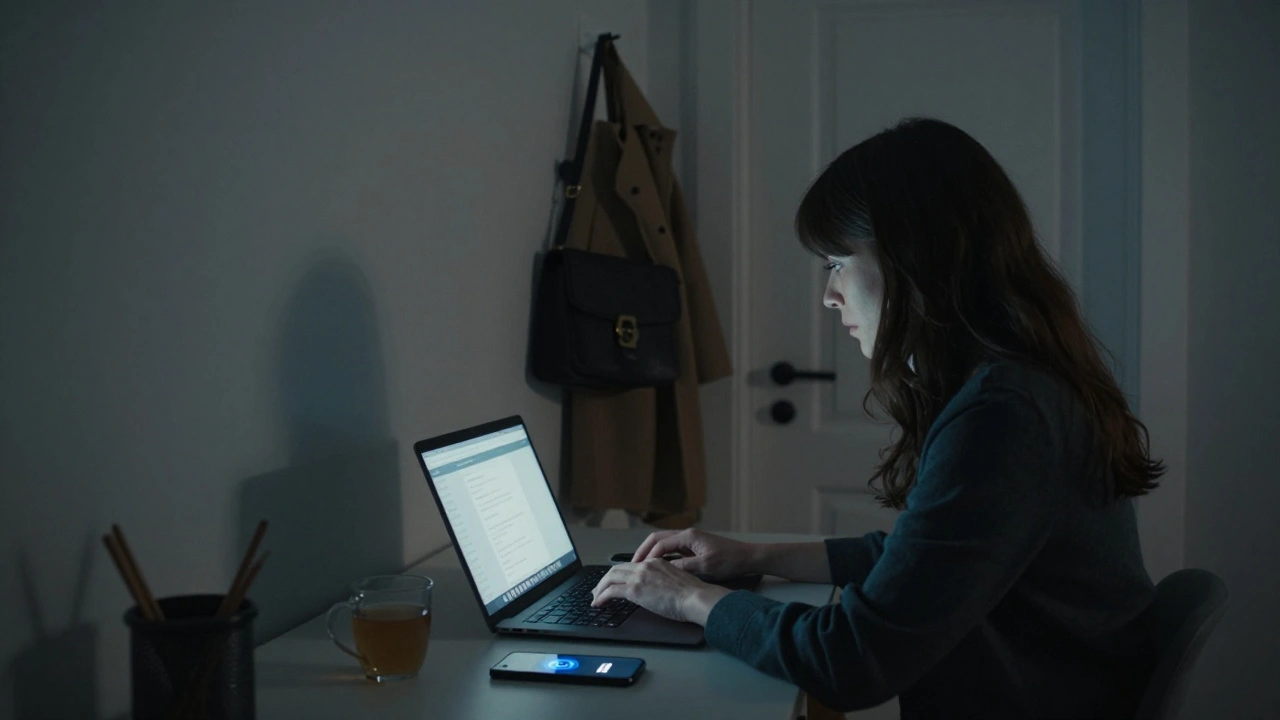 Woman working at a desk at night with encrypted messaging apps on screen.