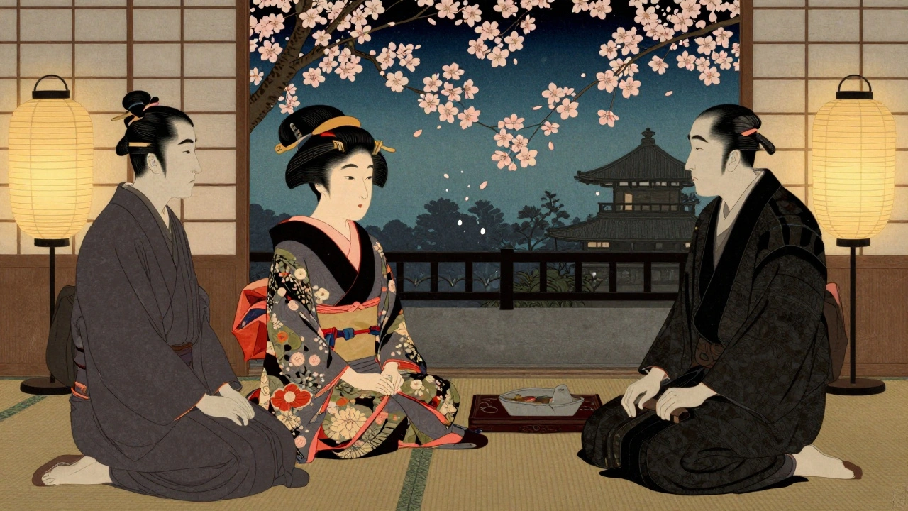 Yokoichi mediating between rival clan leaders in a Kyoto pleasure quarter at night.