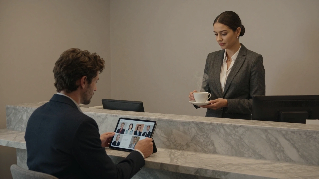 A client reviewing professional companion profiles in a discreet upscale agency reception.