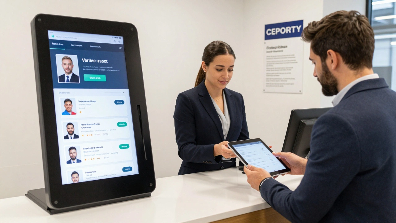 A client reviewing verified escort profiles on a digital kiosk in a professional agency office.