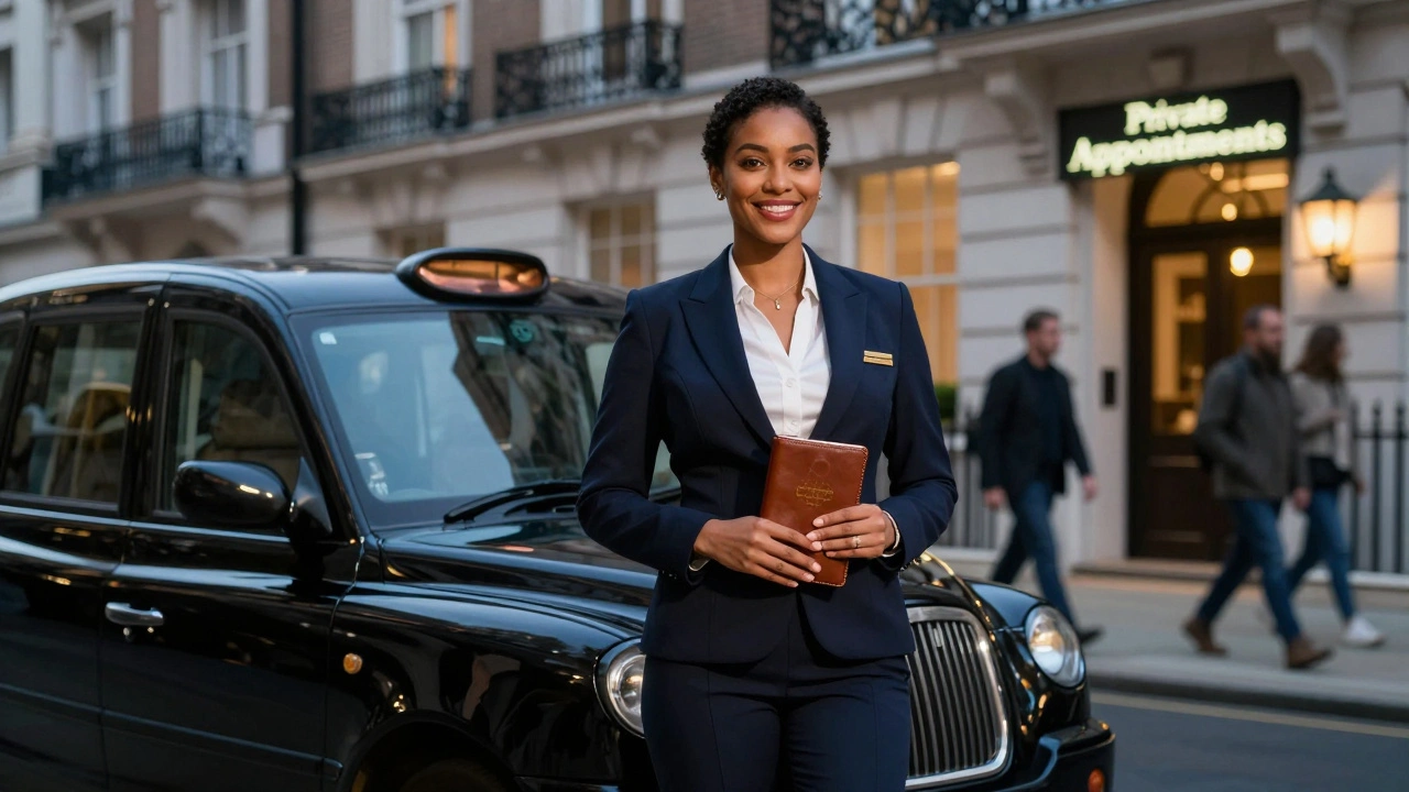 A confident plus-size escort in professional attire beside a taxi in Mayfair, embodying autonomy and elegance.