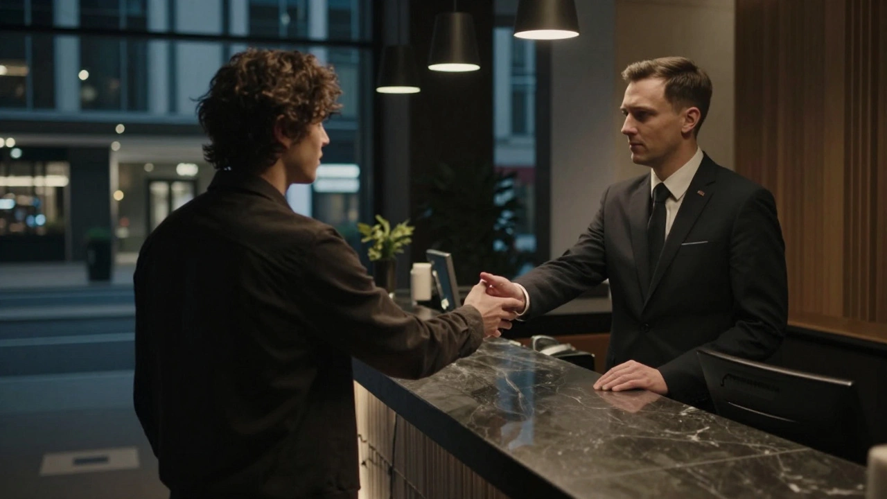 A first meeting in a hotel lobby in East London, with subtle tension and trust in the air.