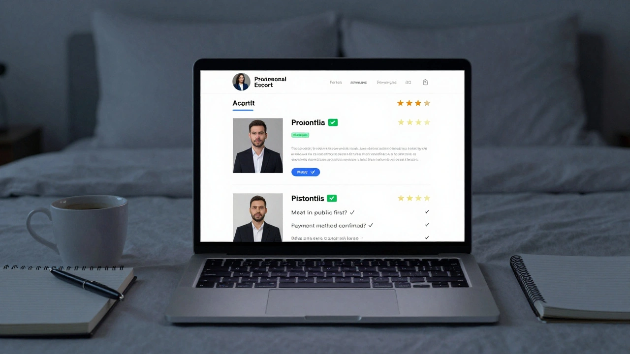 A laptop screen displaying a verified escort profile with reviews, ID badge, and clear service details.