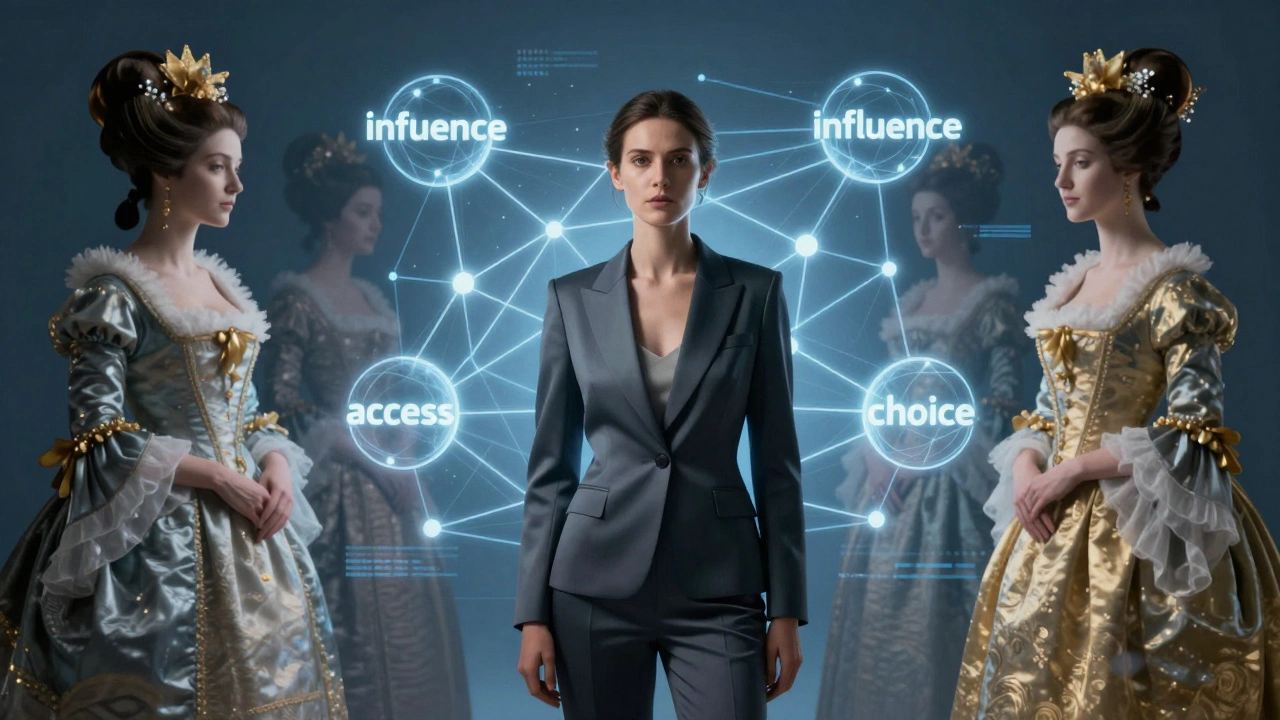 A modern woman surrounded by translucent historical courtesans, representing the evolution of female economic agency.