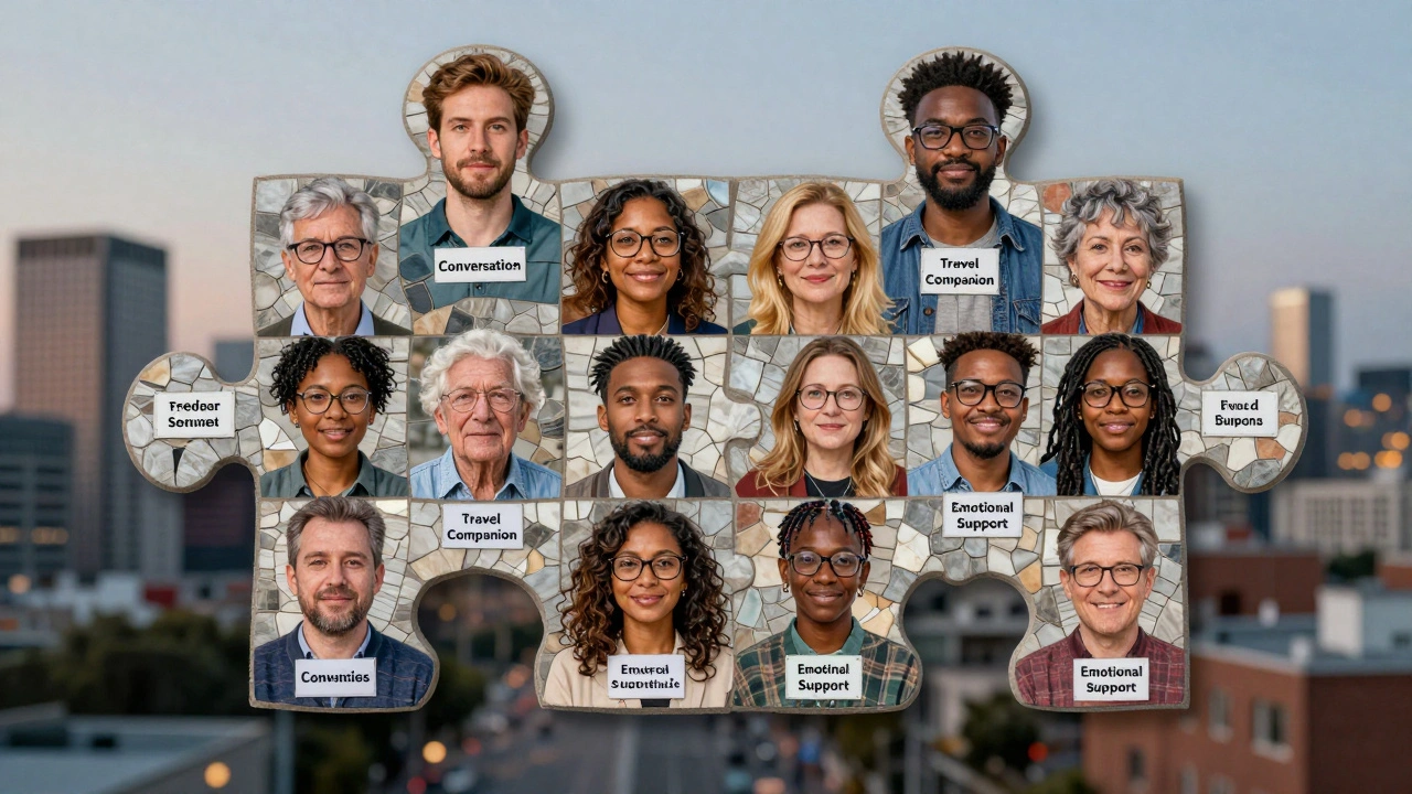 A mosaic of diverse individuals forming a puzzle piece, each labeled with a non-sexual service like conversation or travel companionship.