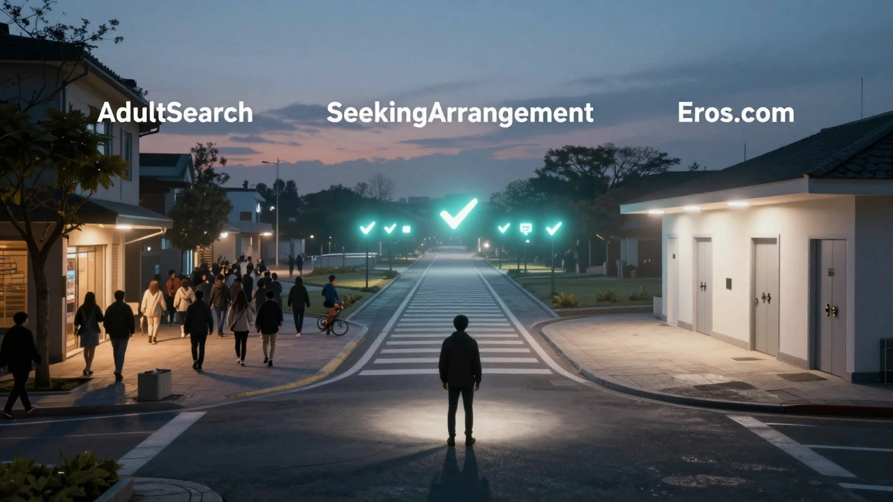 A person at a crossroads representing three escort platforms, each path visually distinct with safety and risk indicators.