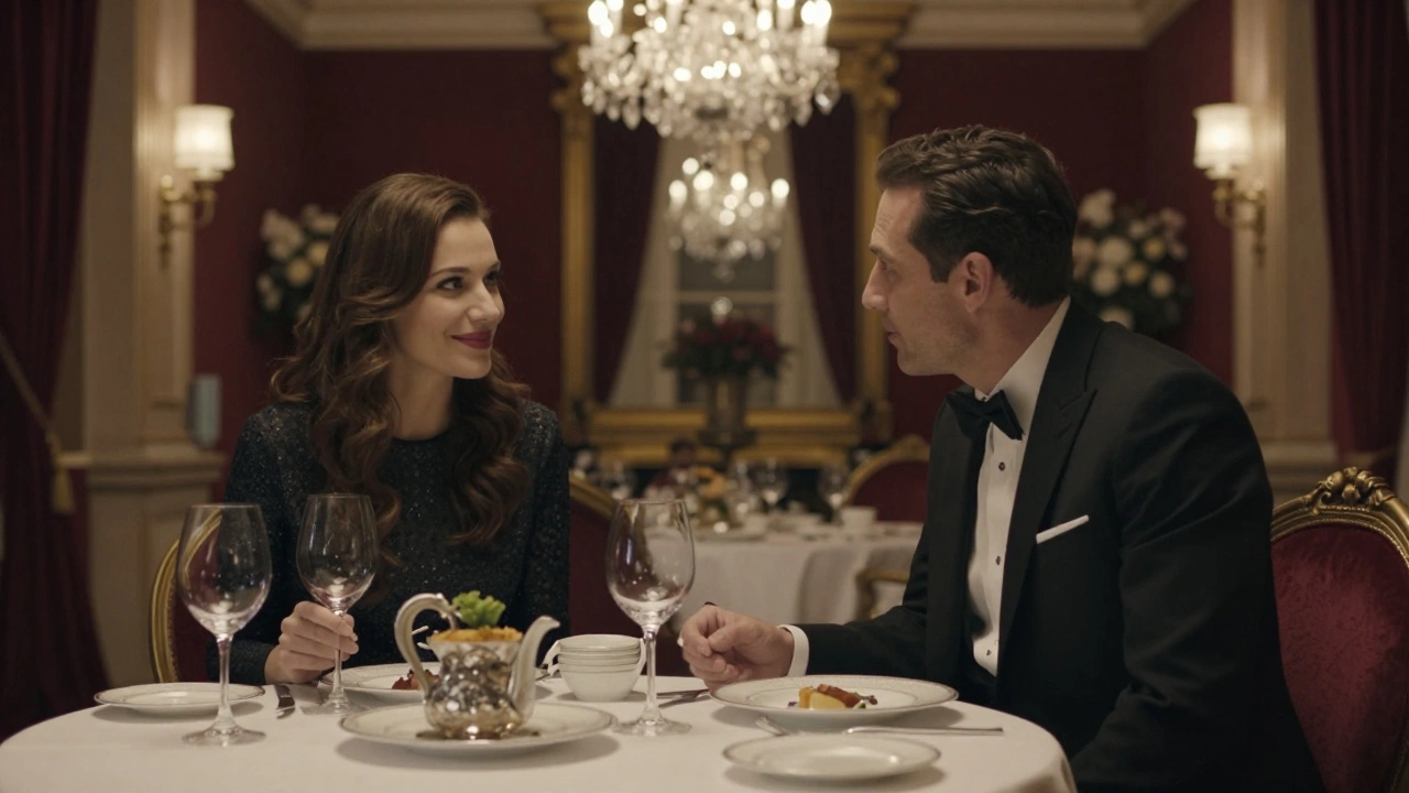 A refined couple dines in elegant surroundings at The Savoy, sharing a thoughtful moment over dinner.